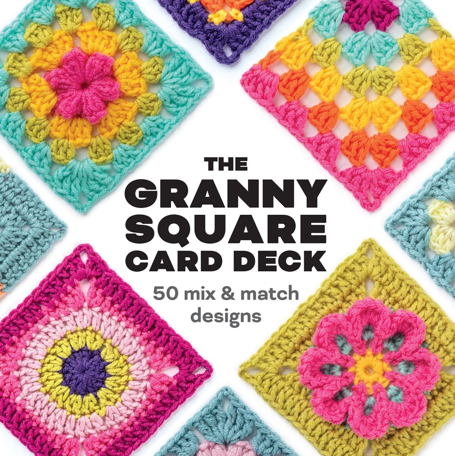 Set met kleurrijke granny square haakkaartontwerpen