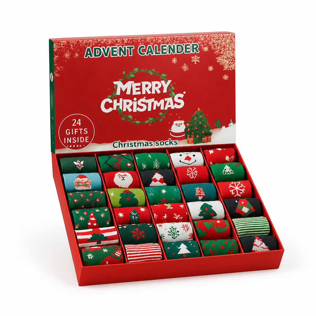 Sokken-adventskalender met 24 paar sokken en feestelijke kerstmotieven