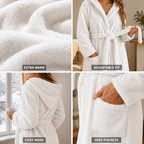 Knielange fleece damesbadjas met capuchon, frontaal weergegeven