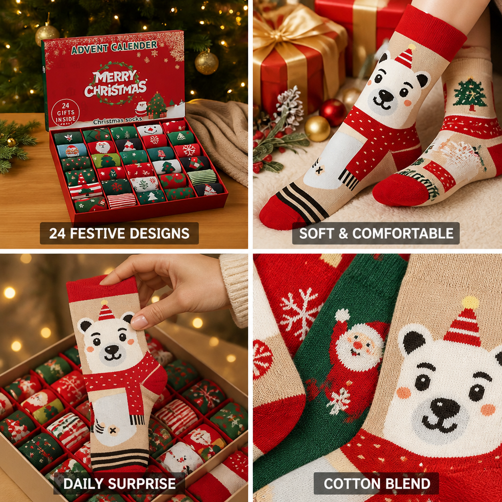 Adventskalender met vakjes voor 24 paar sokken met kerstthema