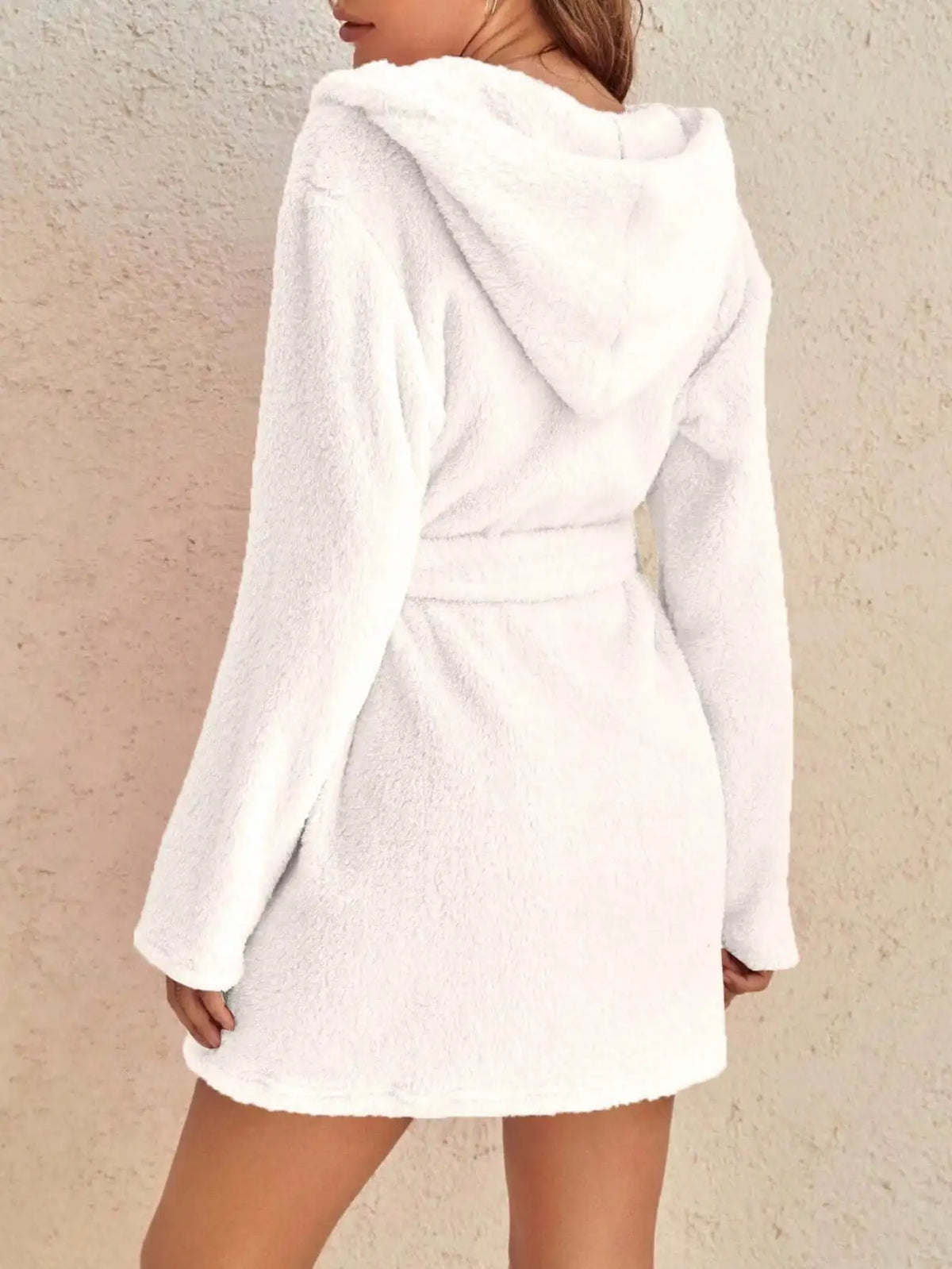 Damesbadjas in fleece met open voorkant en ceintuur