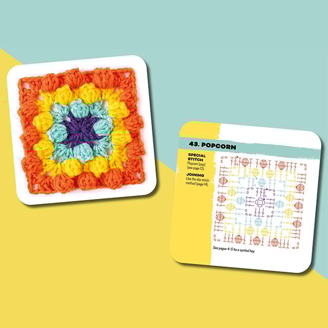 Set met kleurrijke granny square haakkaartontwerpen