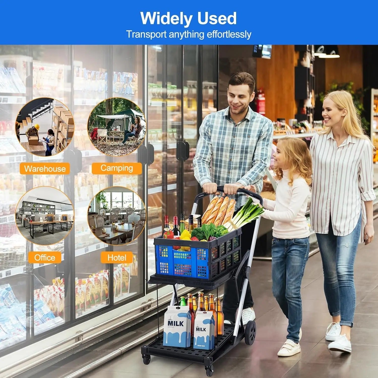 Inklapbare opvouwbare 2-laagse winkelwagen met wielen