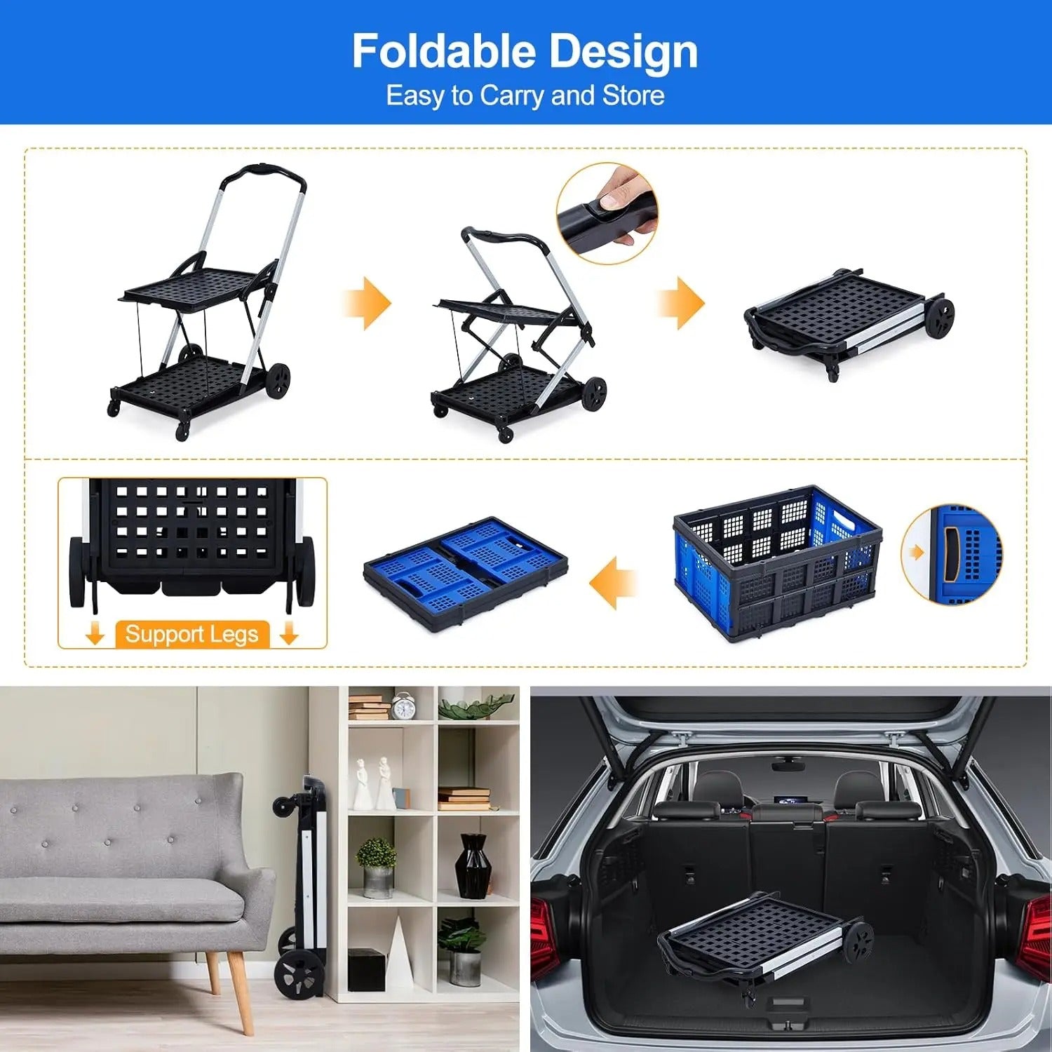 Inklapbare opvouwbare 2-laagse winkelwagen met wielen