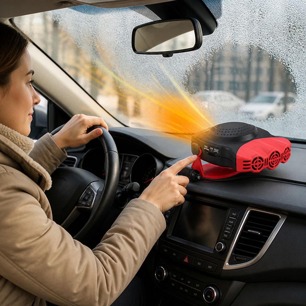Draagbare 12V-autoverwarming naast een auto-interieur