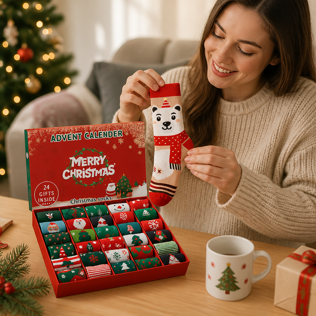 Overzicht van de sokken-adventskalender met kerstmotieven