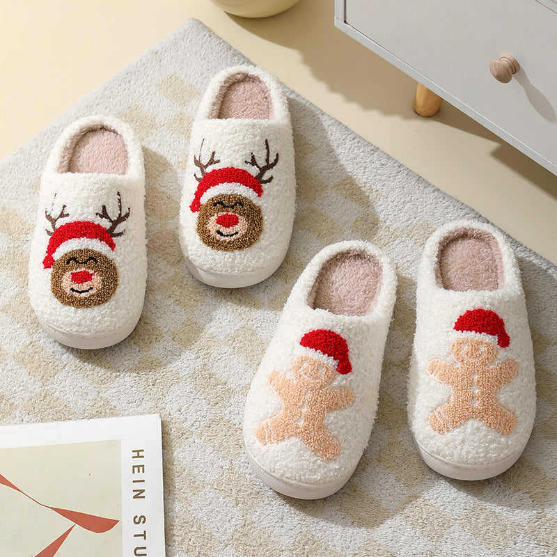 Zachte winterpantoffel met kerstfiguur van dichtbij