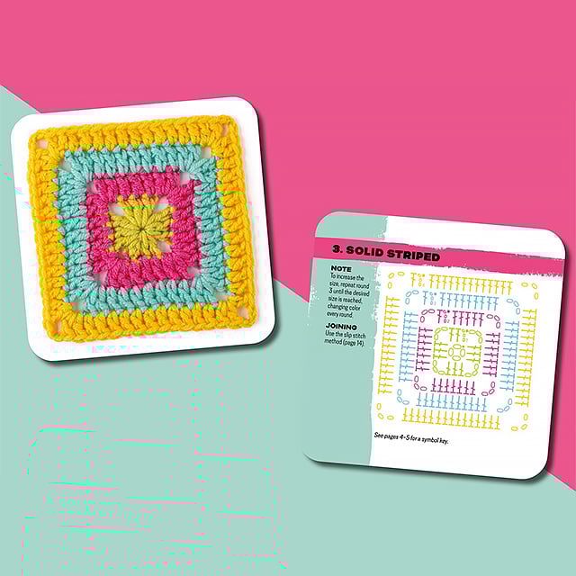 Set met kleurrijke granny square haakkaartontwerpen