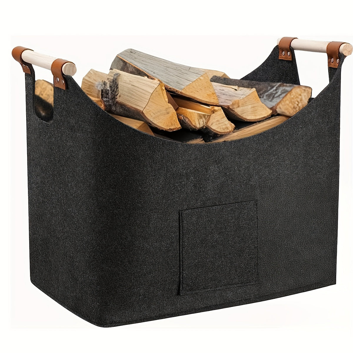 Detail van het houten handvat aan de vilten haardhoutmand