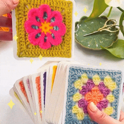 Set met kleurrijke granny square haakkaartontwerpen