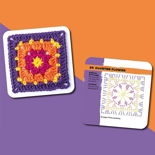 Set met kleurrijke granny square haakkaartontwerpen
