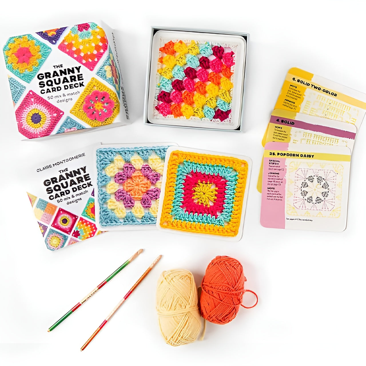Set met kleurrijke granny square haakkaartontwerpen