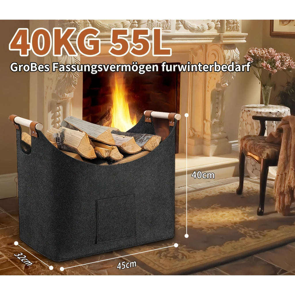 Haardhoutmand van 55 liter naast een haard