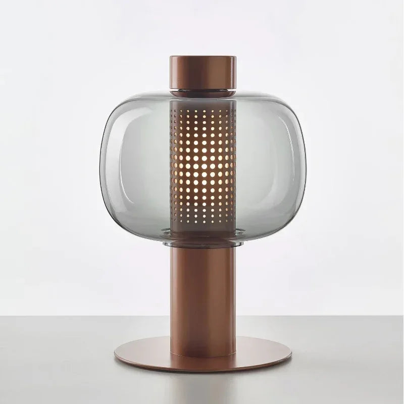 LED tafellamp met glazen kap en stenen basis