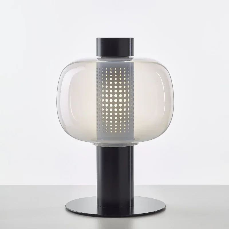 LED tafellamp met glazen kap en stenen basis