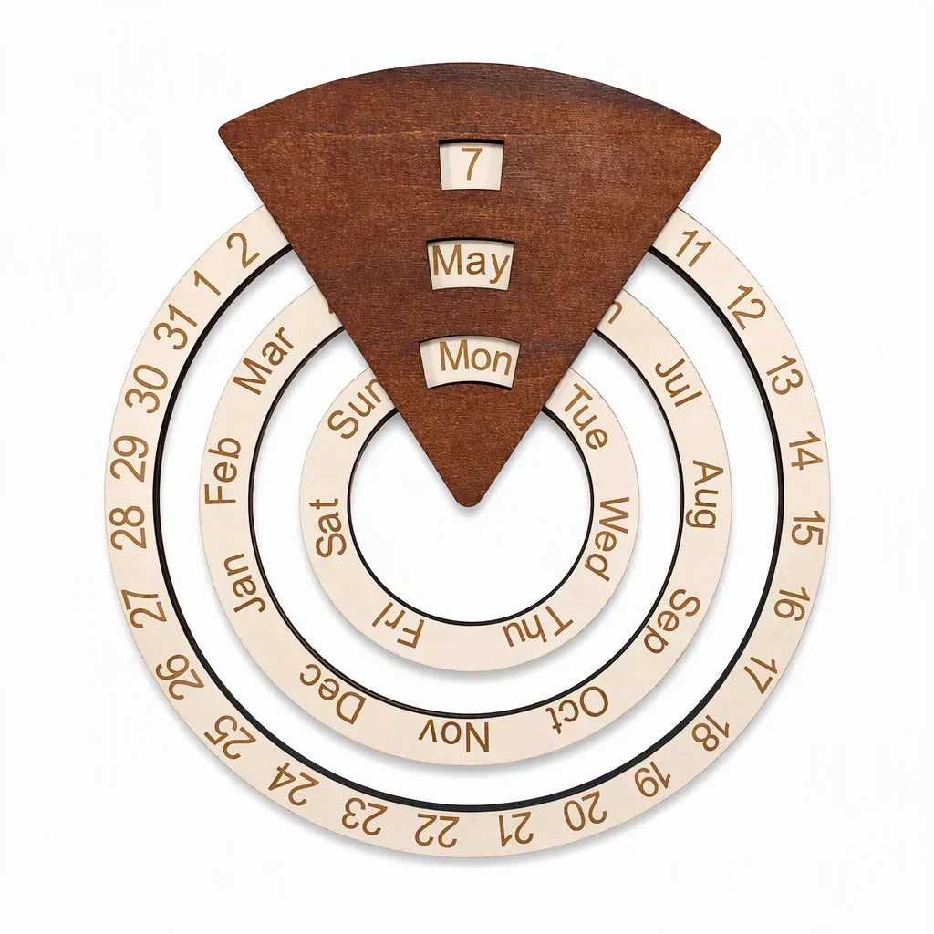 Detailbeeld van de minimalistische houten kalender en datumringen