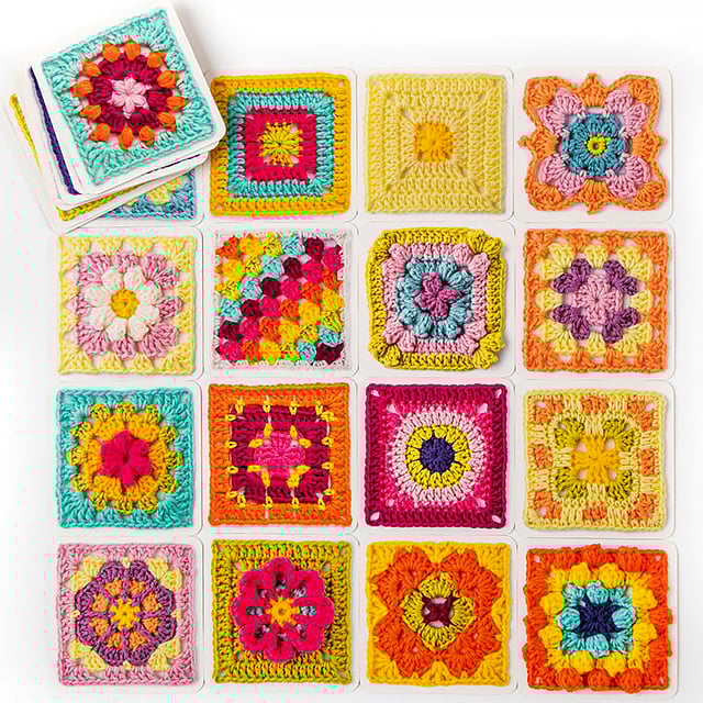 Set met kleurrijke granny square haakkaartontwerpen