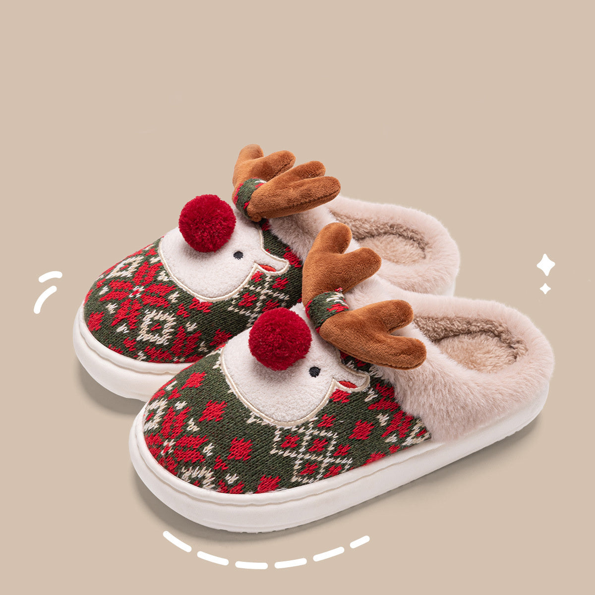 Kerstpantoffels van bovenaf met geborduurde details