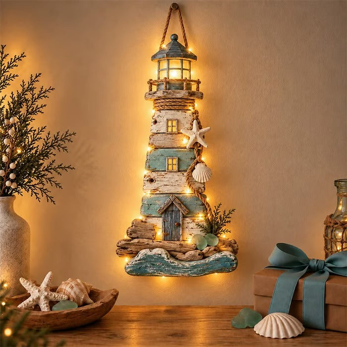 Vuurtoren Wanddecoratie | Driftwood Kuststijl | Touw- & Schelpaccenten | Verlichte Warme Licht