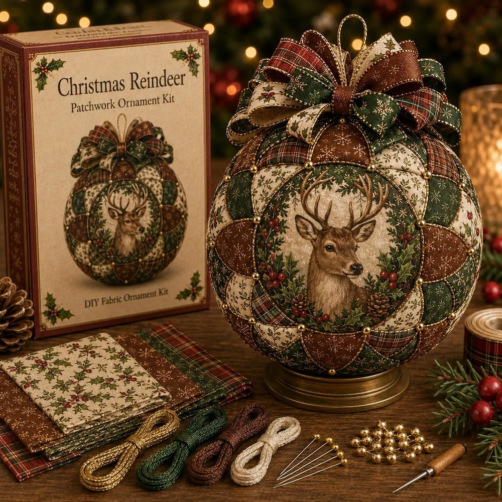Kerstbal Doe-Het-Zelf Set | 3D Patchwork Stof | Stof & Kralen Inclusief | Geschikt voor Beginners